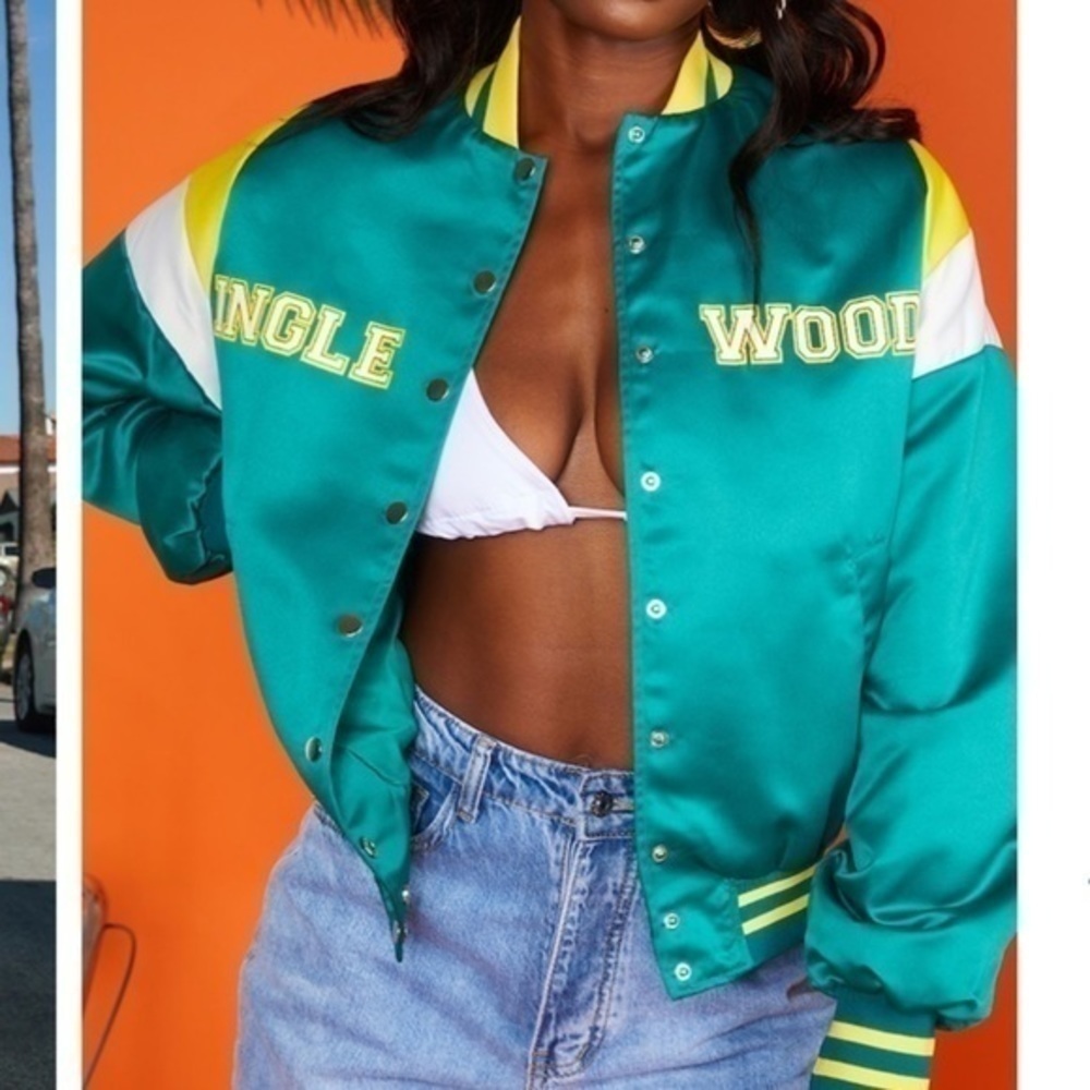 PrettyLittleThing Bomber Inglewood Green Satin Oversized Jacket Sporty Retro - Picture 3 of 7